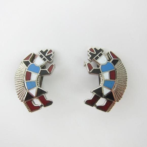 Vintage Clip on Earrings Faux Zuni Rainbow Man Native American Southwestern - Picture 11 of 12